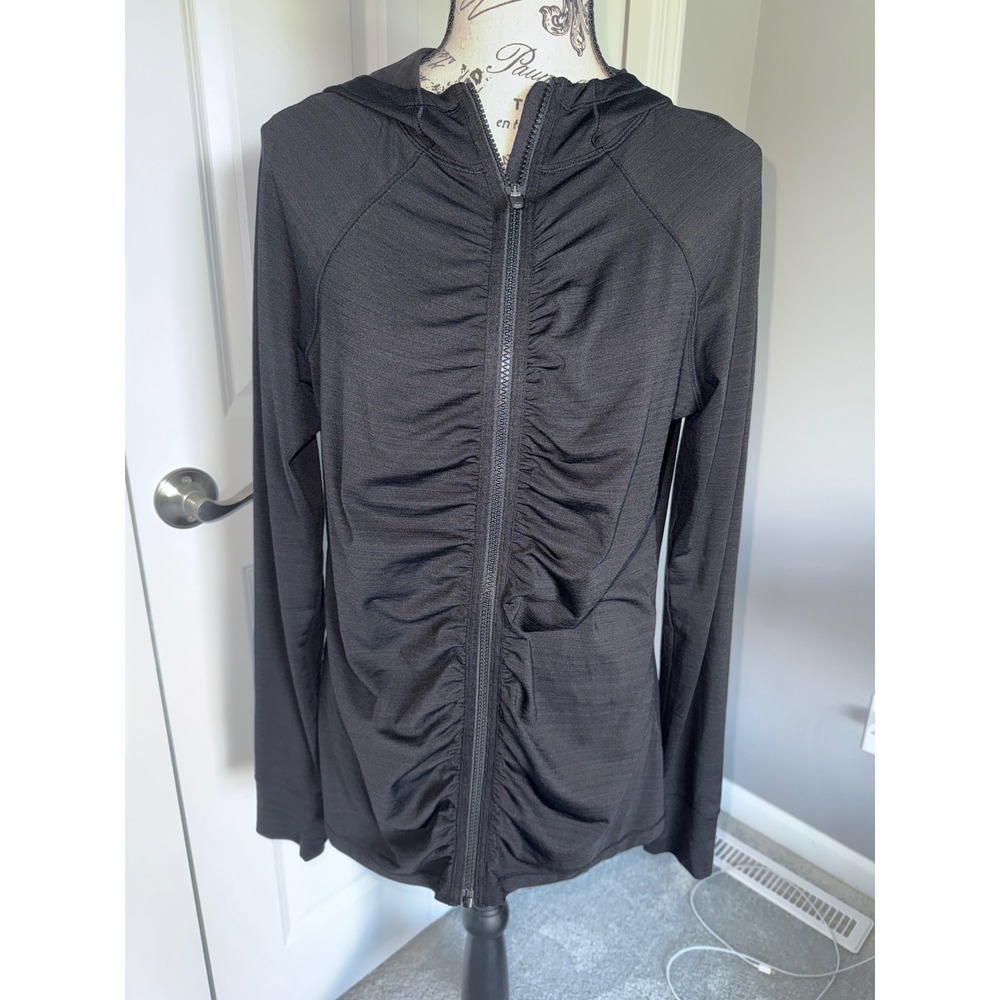 Athleta Black Ruched Full Zip Hoodie Jacket Back Pocket Thumbholes Large